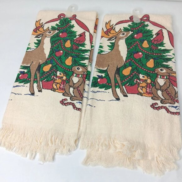 Vintage Cecil Saydah Christmas Fringe Kitchen Towel Pair Tree Reindeer New READ - Picture 1 of 12